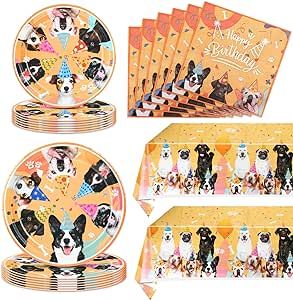 Ryzovo 62 Pieces Dog Birthday Party Supplies, Puppy Party Decorations Dog Theme Tableware Includes 20 9''Plates, 20 7'' Plates, 20 Napkins and 2 Tablecloth for Doggy Kids Baby Shower Dog Party Picnic