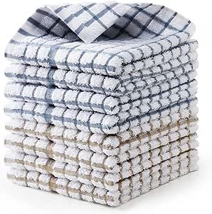 Egles Dish Towel Set of 8, 100% Cotton Grid Dish Cloths Terry Kitchen Towel 12" x 12" Ultra Soft Super Absorbent Reusable Dishcloth, Multi-Purpose Quick Drying Hand Towel with Hanging Loop