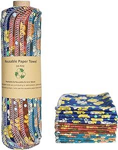 Reusable Paper Towels - Set of 15 Pack Washable and Durable Cotton Flannel Kitchen Napkins Zero Waste Paperless Cleaning Cloth with Durable Cardboard Roll