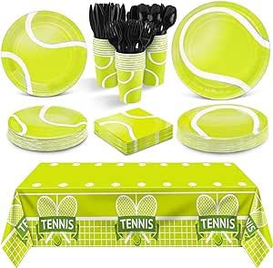 durony 169 Pieces Tennis Party Supplies Include 48 Tennis Dessert Plates 24 Tennis Paper Cups Plastic Tablecloth 24 Tennis Napkins 24 Knives 24 Forks 24 Spoons Tennis Disposable Tableware Set