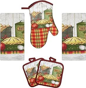 Lobyn Value Packs Oven Mitts and Pot Holders - Kitchen Towels and Dish Cloths Sets - Oven Mitts - Tea Towels - Dish Cloths Set (Pie)