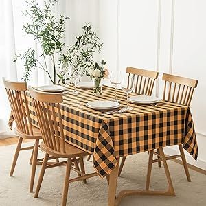 maxmill Rectangle Checkered Tablecloth Waterproof Spillproof Wrinkle Resistant Buffalo Plaid Heavy Weight Table Cloth Gingham Table Cover for Halloween Decoration, 52 x 70 Inch, Black and Orange