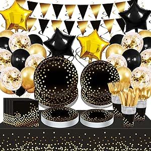 Black Gold Party Supplies Foil Polka Dots Disposable Tableware Set Serves 24 Guests Star Foil Balloons Tablecloths Pennant Banners Plates for Birthday Wedding Baby Shower Party Graduation Decorations
