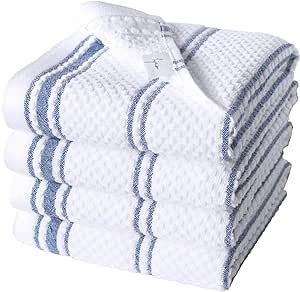 Premium Kitchen Towels – Large Dish Towels (20”x 30”) – 100% Cotton Terry Towel – Highly Absorbent Kitchen Towels– Super Soft Hand Towels with Hanging Loop (4 Pack)- White with Blue Stripes