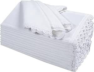 Cloth Dinner Napkins in Cotton Flax Fabric with Lace & Tailored Mitered Corners - 18x18 Inches (Set of 12, White) Cotton Cloth Dinner Napkin, Wedding Napkins, Cocktails Napkins