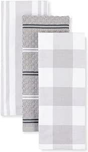 KitchenAid Stripe Gingham Dual Polyester Cotton Rectangle Kitchen Towel 3-Pack Set, Matte Grey, 16"x28"