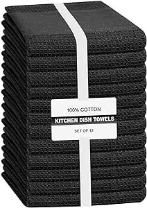 Linen Hub 12 Pack Kitchen Dish Towels 100% Cotton 16x26 Absorbent Durable Washable, Tea Towels, Dish Cloths, Bar Towels, Cleaning Towels, Kitchen Towels with Hanging Loop, Black