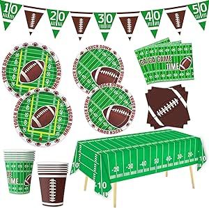Football Party Supplies Tableware Set Football Theme Party Decorations Including Plates Napkins Cups Plastic Touchdown Tablecloth Banner for Football Birthday Party, Serve 24 Guests