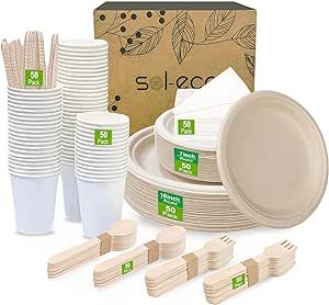 SOL ECO Compostable Paper Plates Set, 350 PCS Heavy-Duty Biodegradable Paper Plates, Disposable Paper Plates Include (10 inch & 7 inch) Plate, Forks, Knives, Spoons, Cups & Napkins for Party, 50 Guest