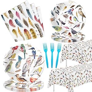Xigejob Bird Plates And Napkins Party Supplies - Bird Party Decorations, Plate, Napkin, Fork, Tablecloth, Wild Bird Bridal Baby Shower Birthday Wedding Spring Summer Tea Party Tableware | Serve 24