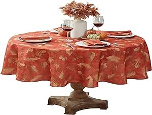 Newbridge Autumn Leaves Fall and Thanksgiving Fabric Tablecloth, Golden Metallic Leaf Print, Print, Soil Resistant, No Iron Easy Care Tablecloth, 60 Inch x 84 Inch Oval, Spice