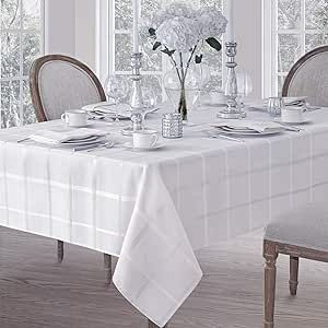 Newbridge Elegance Plaid No-Iron Soil Resistant Fabric Woven Tablecloth - 60 X 144 Oblong - White