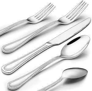 40-Piece Silverware Set, Paincco Stainless Steel Flatware Cutlery Set Service for 8, Pearled Edge Tableware Set Includes Knife Fork Spoon, Beading Utensil for Home Kitchen Restaurant, Dishwasher Safe