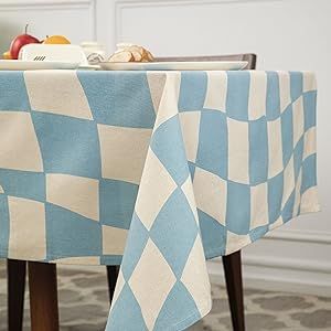 Folkulture 100% Cotton Blue Table Cloth or Dining Table Cover, Camping Tablecloth, Checkered Tablecloth for Table Decor, Party Table Cover, Long Table Cloth Rectangle 60 x 84 inches, (Dancing Checks)