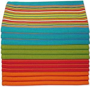 Kitchen Dish Towels Salsa Stripe - 100% Natural Absorbent Cotton Salsa Towels (28 x 16 inches) Festive Red, Orange, Green and Blue, 12-Pack