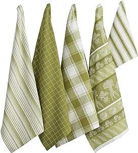 DII Assorted Pattern Kitchen Dishtowels and Dishcloth Set of 5, Parsley Green