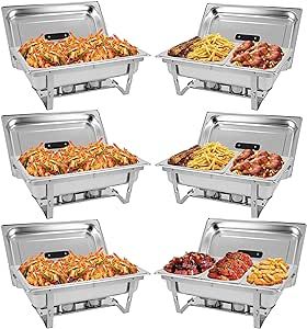 HORESTKIT Heavy-duty 8QT Chafing Dish Buffet Combo Set, Foldable Stainless Steel Buffet Servers and Warmers with Water Pan, Full/1/2/1/3 Size Food Pan, Fuel Holder and Lid, Folding Stand, 6 Packs