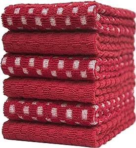 Premium Kitchen Towels (16”x 28”, 6 Pack), 3 pc Yarn Dyed + 3 Solid – Multiple Kitchen Towel Set Design - 380 GSM Highly Absorbent Tea Towels Set with Hanging Loop (Red, Kitchen Towels Chess Design)