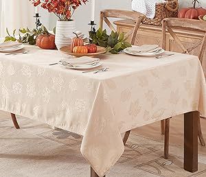 Newbridge Tremont Autumn Leaf Damask Fall, Thanksgiving Fabric Tablecloth, Swirling Leaves Damask Fall Season, Soil Resistant, Easy Care Tablecloth, 60 Inch x 102 Inch Oblong/Rectangle, Taupe