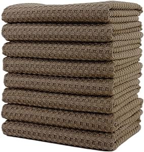 POLYTE Ultra Premium Microfiber Kitchen Dish Hand Towel Waffle Weave, 8 Pack (16x28 in, Brown)