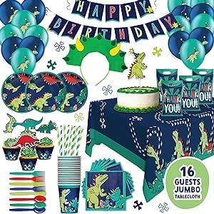 Dinosaur Birthday Party Supplies - Jurassic Park Party Decorations, 16 Guest-Include Dino Plates Cups Napkins Banner Cutlery Balloon Tablecloth Straws Toppers