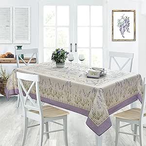 Home Bargains Plus Provence Blanchard Field of Lilacs Bordered Print Country French Fabric Tablecloth, Indoor Outdoor, Stain and Water Resistant, 60” x 120” Oblong/Rectangle