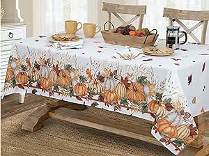 Newbridge Abundant Harvest Bordered Thanksgiving Fabric Tablecloth - Pumpkin, Gourd and Falling Leaf Cottage Print Easy Care Autumn Tablecloth 60” x 144” Oblong/Rectangle