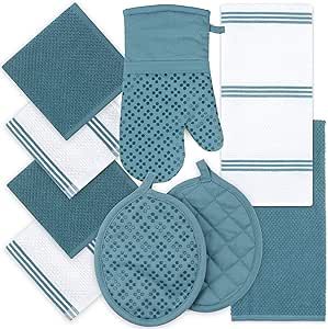 Kitchen Towels Dishcloths Oven Mitts and Pot Holders Set of 9, Oeko-Tex 100% Cotton Terry Dish Towels & Dish Cloths, Non-Slip Silicone, Blue