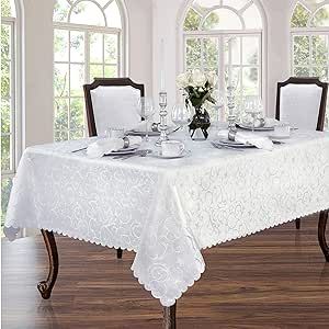 Newbridge Portofino Scalloped Damask Fabric Tablecloth, Wrinkle and Stain Resistant Fine Dining and Holiday Tablecloth, 60 Inch x 84 Inch Oblong/Rectangle, White