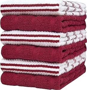 Kitchen Hand Towels 16"x 28" | Red Popcorn Gird Design | Kitchen Towel Set | Soft, Highly Absorbent with Hanging Loop | Natural Ring Spun Cotton Kitchen Towel | Large Tea Towel Set | 380 GSM - 6 Pack