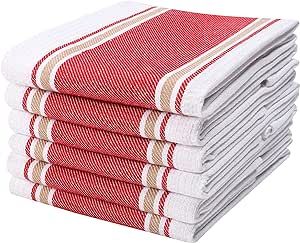 Goroly Home 6 Pack 100% Cotton Farmhouse Vintage Dish Towels Tea Towels Highly Absorbent Quick Dry Professional Grade with Hanging Loop - Twill Waffle - 18x28 Inch - Red