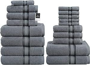 LANE LINEN Bath Towels for Bathroom Set- 100% Cotton Towel Set Soft 6 Bath Towels, 6 Hand Towels and 6 Washcloths Sets Quick Dry Highly Absorbent-18 Piece Space Grey