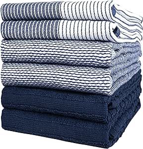 Premium Kitchen Dish Hand Towels (20”x 28”, 6 Pack) | Large,Cotton Flat & Terry Highly Absorbent Tea Towels Set with Hanging Loop | Navy Blue