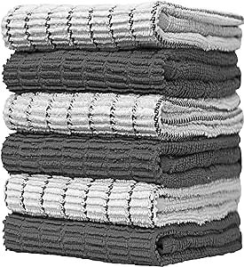 Pack of 6 Premium Bright Kitchen Towels Set - Striped Chef Weave Kitchen Hand Towels - Large, 380 GSM, Extra Absorbent - Dish Towels for Drying Dishes - Cotton Tea Towels - Kitchen Hand Towels - Grey