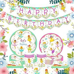 JeVenis Fairy Birthday Banner Fairy Birthday Party Supplies Fairy Party Plates and Napkins Fairy Birthday Party Decoration Fairy Party Tablecloth Fairy Party Favors Fairy Garden Decoration