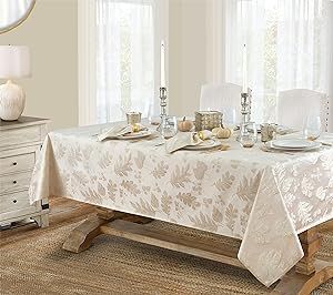 Newbridge Metallic Autumn Leaf Damask Fall, Thanksgiving Fabric Tablecloth, Fall Rustic Swirling Leaves Soil Resistant Easy Care Tablecloth, 60” x 120” Oblong/Rectangle, Ivory/Gold