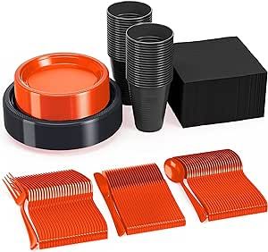 350 PCS Halloween Disposable Tableware Combo Pack INCLUDES: 50 9" Plastic dinner plates | 50 7" plastic appetizer plates |50 plastic cups | 50 paper napkins | 50 plastic cutlery spoons forks & knives