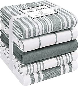 Cotton Clinic Assorted Kitchen Towels 5 Pack – Soft Absorbent Quick Drying Table & Kitchen Linen - Dish Towels, Dish Cloths, Tea Towels and Cleaning Towels with Hanging Loop – 16x28 / Grey White