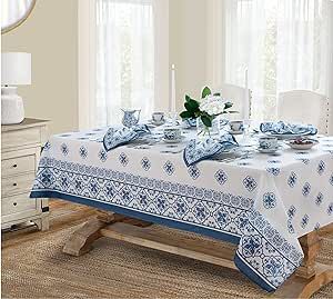 Newbridge Mykonos Blue Mediterranean Tile Bordered Fabric Tablecloth - Blue Medallion Print Indoor/Outdoor, Stain Resistant, No-Iron Tablecloth, 52 Inch x 70 Inch Oblong/Rectangle