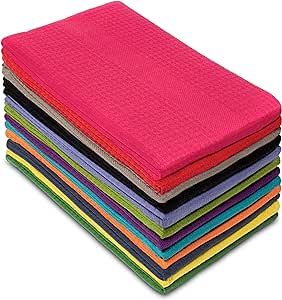 COTTON CRAFT 12 Pack Multicolor Kitchen Towels 16x28 Inches- Pure Cotton, Absorbent Waffle Weave