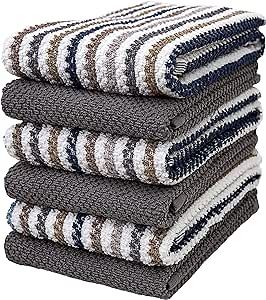 Premium Kitchen Towels (16”x 26”, 6 Pack) | Large Cotton Kitchen Hand Towels | Popcorn Striped Design | Dish Towels | 430 GSM Highly Absorbent Tea Towels Set with Hanging Loop | Gray
