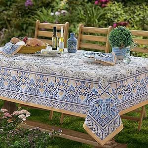 Home Bargains Plus Provence Allure Arabesque Yellow and Blue Floral Bordered Country French Fabric Tablecloth, Indoor Outdoor, Stain and Water Resistant, 52” x 70” Oblong/Rectangle